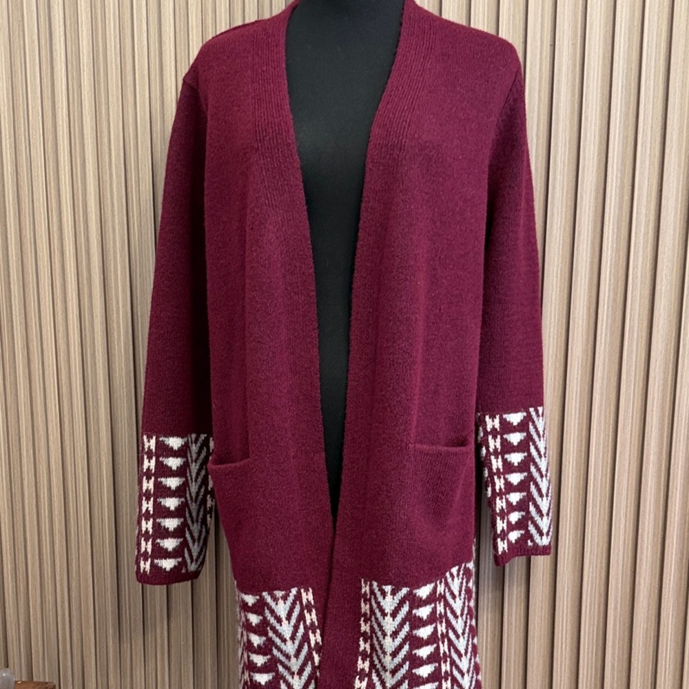 Frye Burgundy Cardigan with White Patterns Size Medium